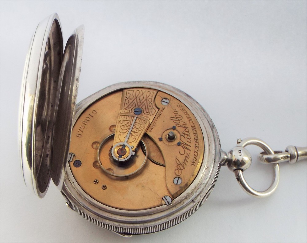 Antique silver Waltham pocket watch and chain. View VI