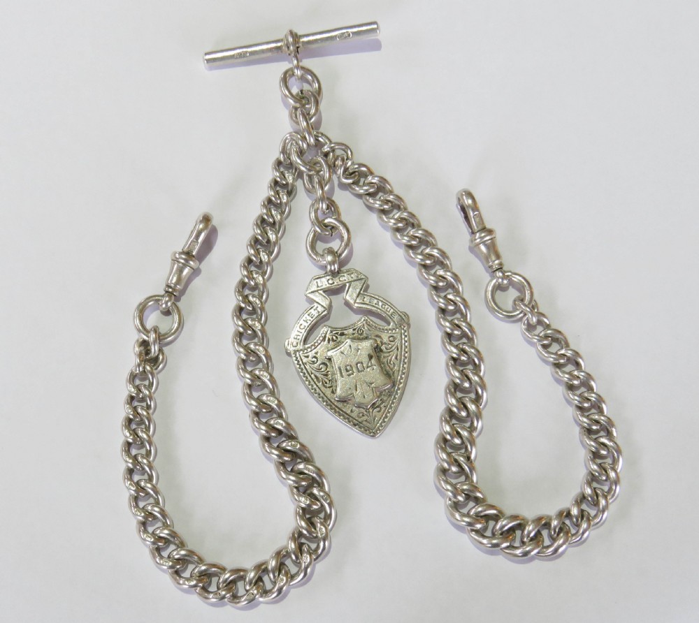 Antique 1908 silver double watch albert chain and fob