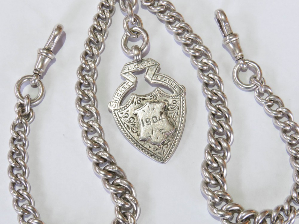 Antique 1908 silver double watch albert chain and fob View II