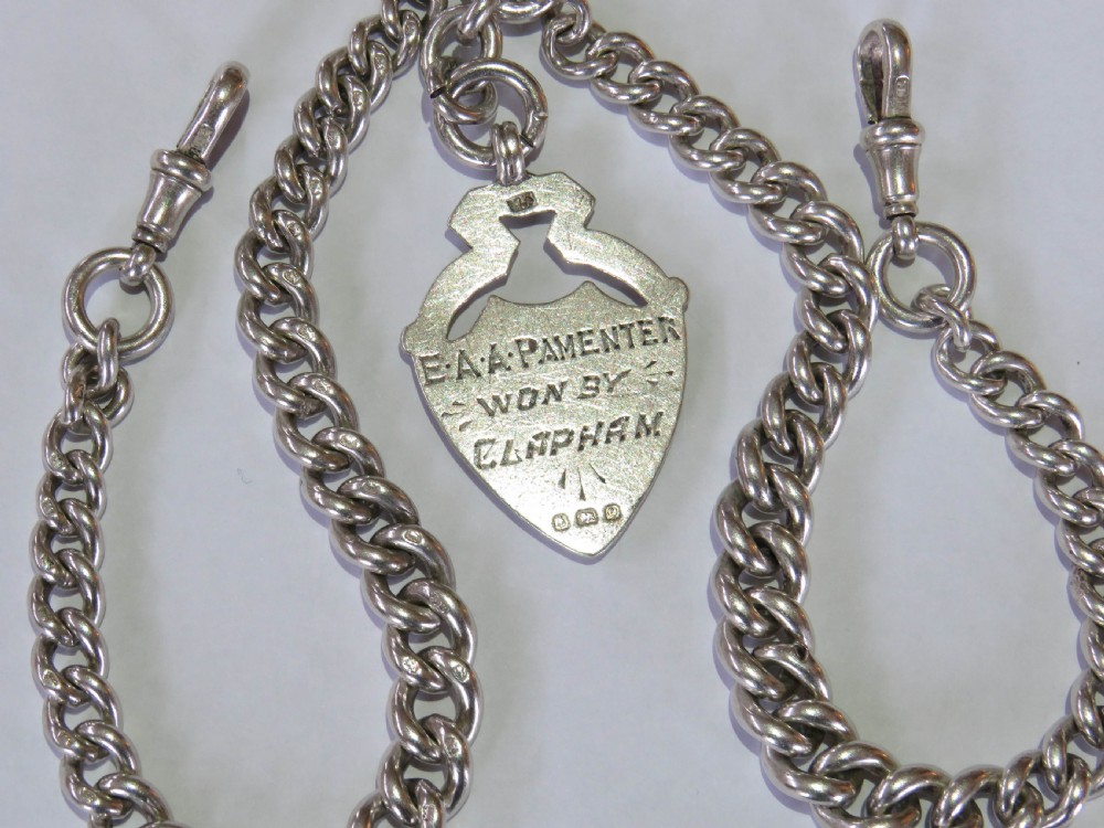 Antique 1908 silver double watch albert chain and fob View III