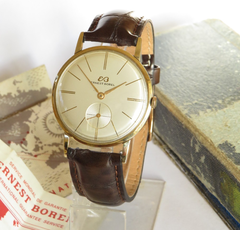 Gents 9ct gold Ernest Borel watch with box and papers