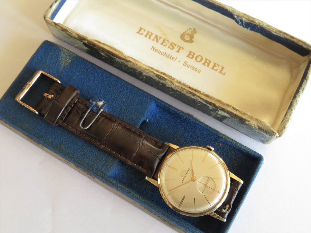 Gents 9ct gold Ernest Borel watch with box and papers View II