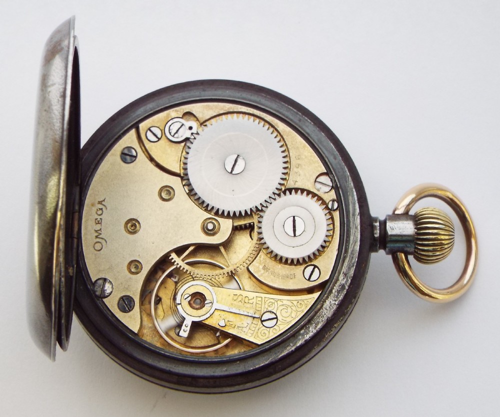 An antique gun metal Omega pocket watch 1914. View V