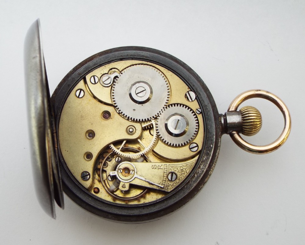 An antique gun metal Omega pocket watch c1910. View V