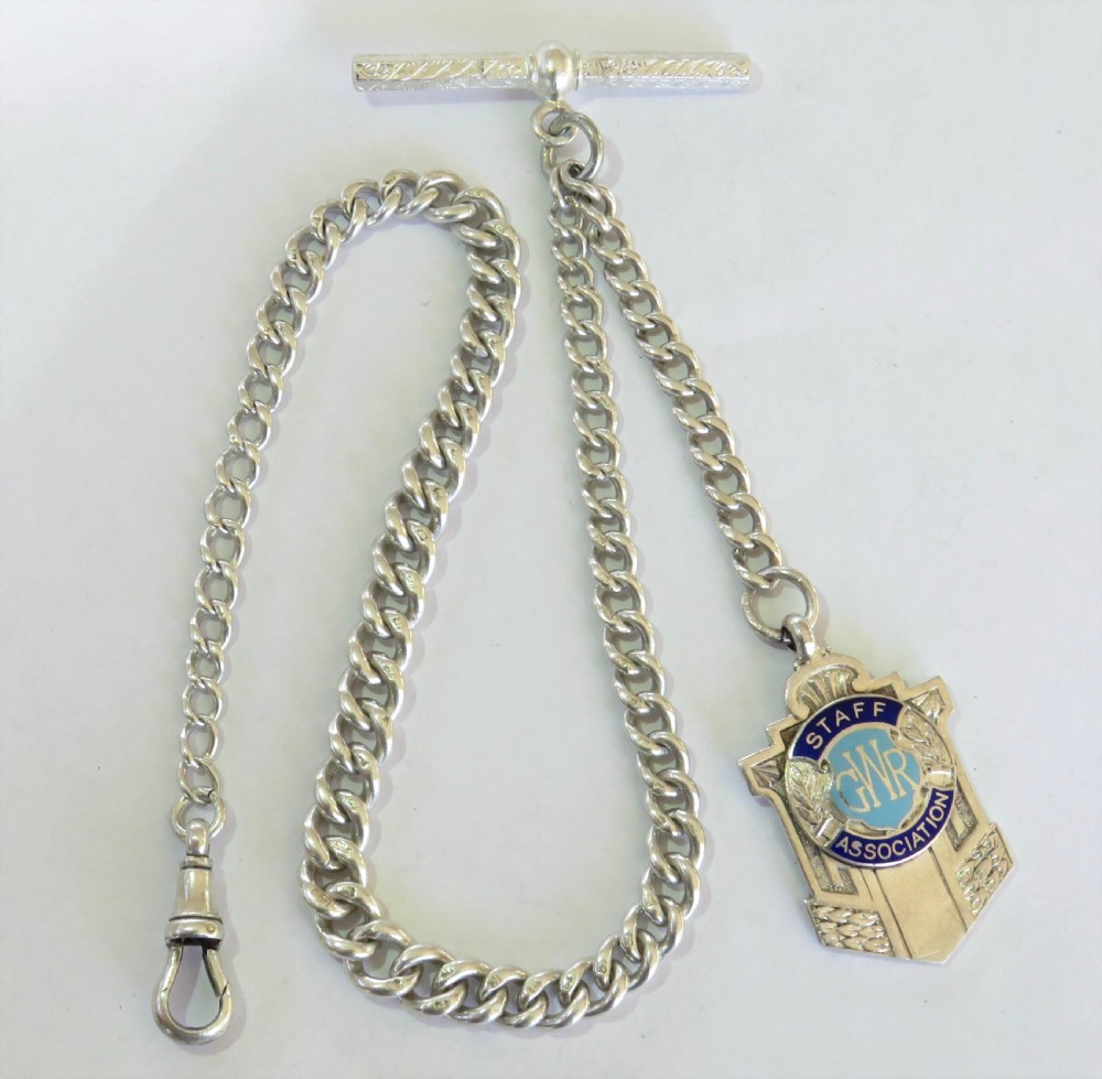 Single silver pocket watch chain & GWR fob