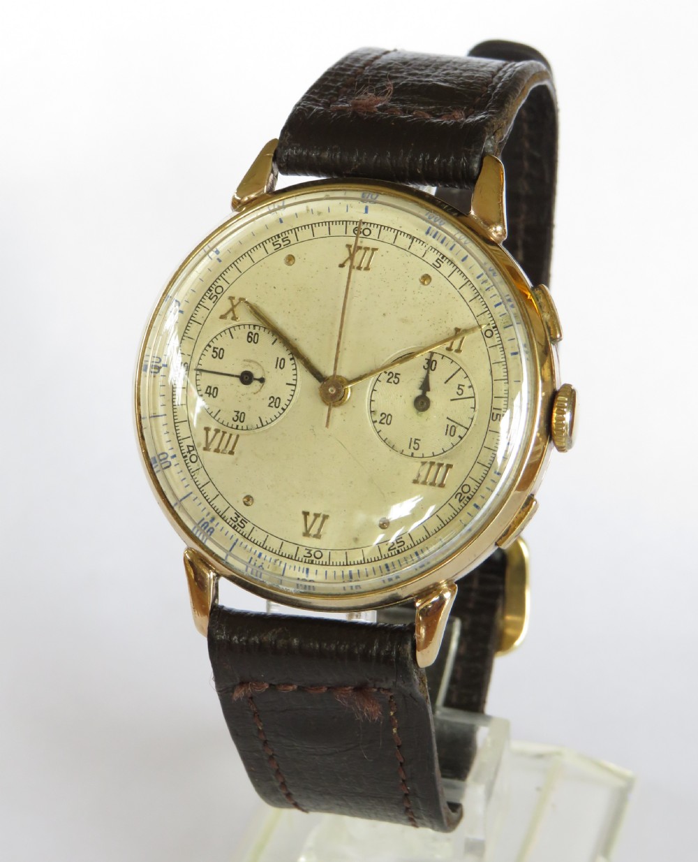 Gents 9ct gold Landeron chronograph wrist watch