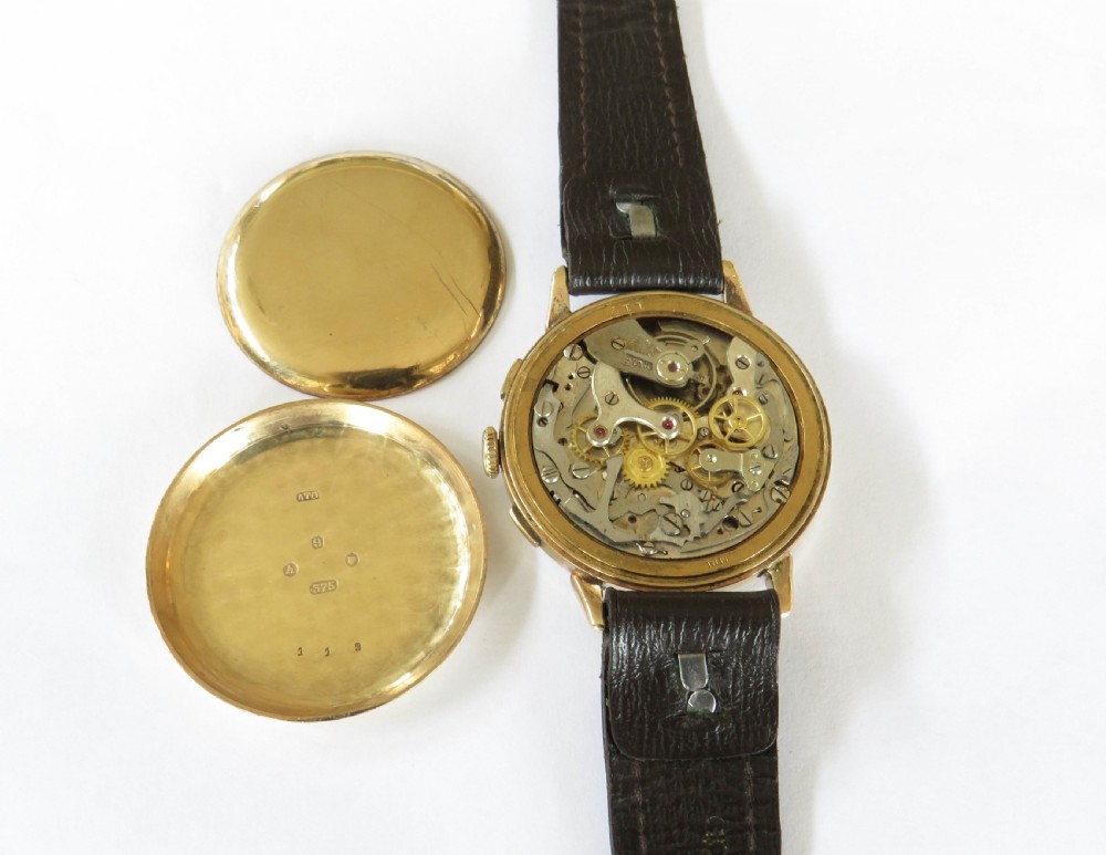 Gents 9ct gold Landeron chronograph wrist watch View III