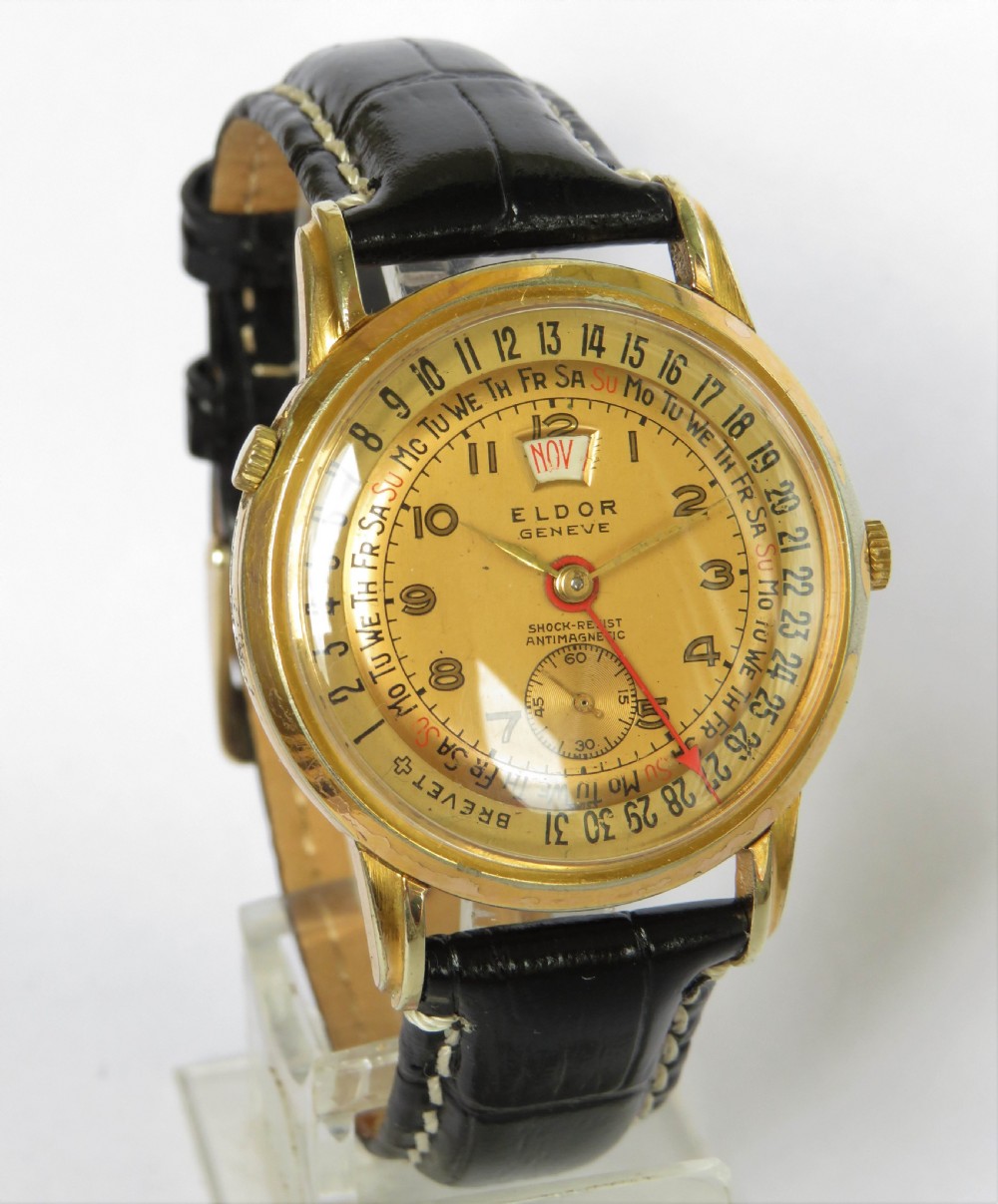 Gents 1950s Eldor Geneve triple date wrist watch View II