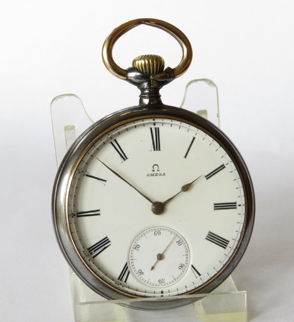 Antique Omega gun metal pocket watch View II
