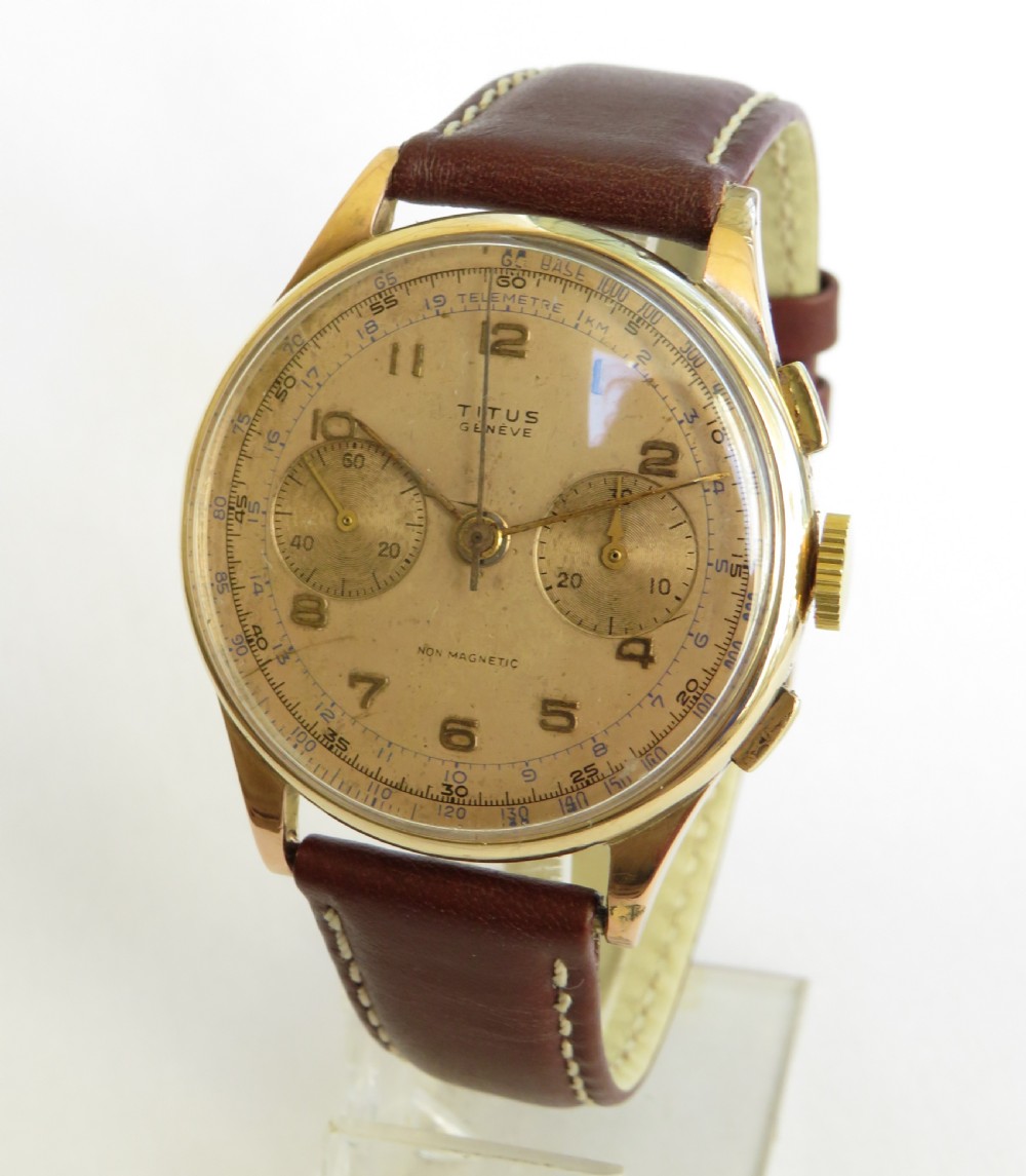 Gents 1950s 18k rose gold Titus chronograph