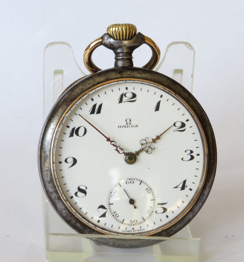 Antique Omega gun metal pocket watch View II