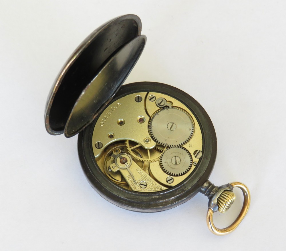 Antique Omega gun metal pocket watch View III