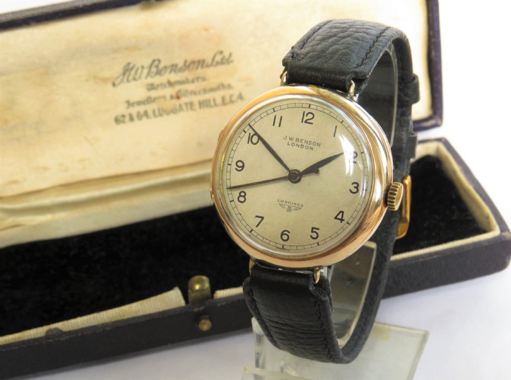 Gents 9ct gold Longines Benson watch, Army link