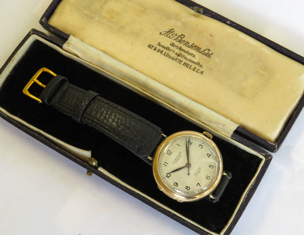 Gents 9ct gold Longines Benson watch, Army link View II