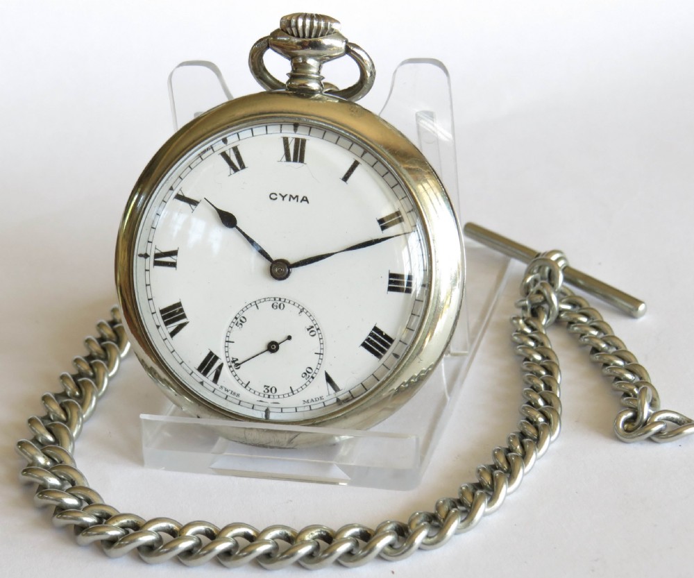 A 1920s Cyma pocket watch with chain.