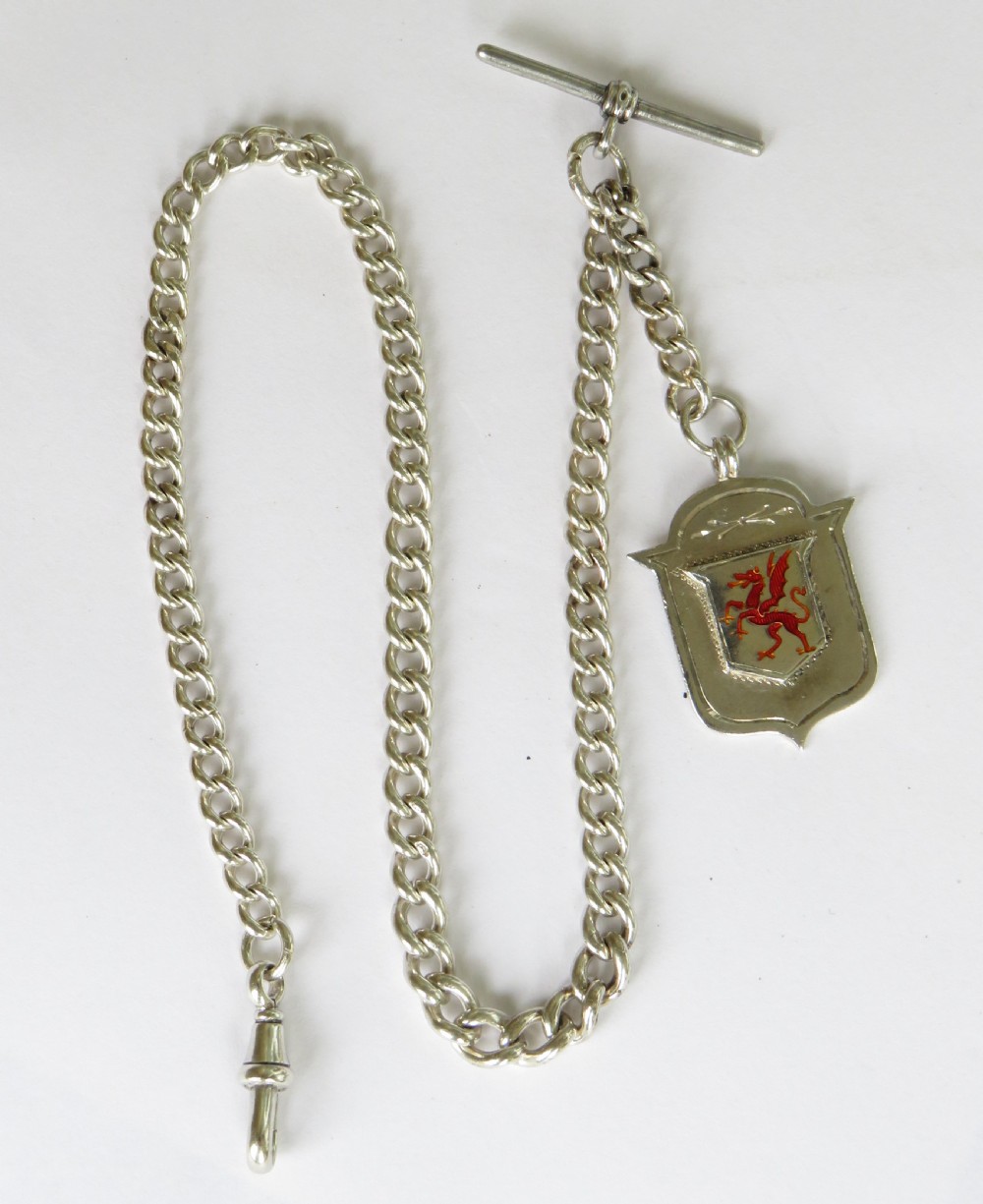 Antique silver watch chain and Welsh dragon fob