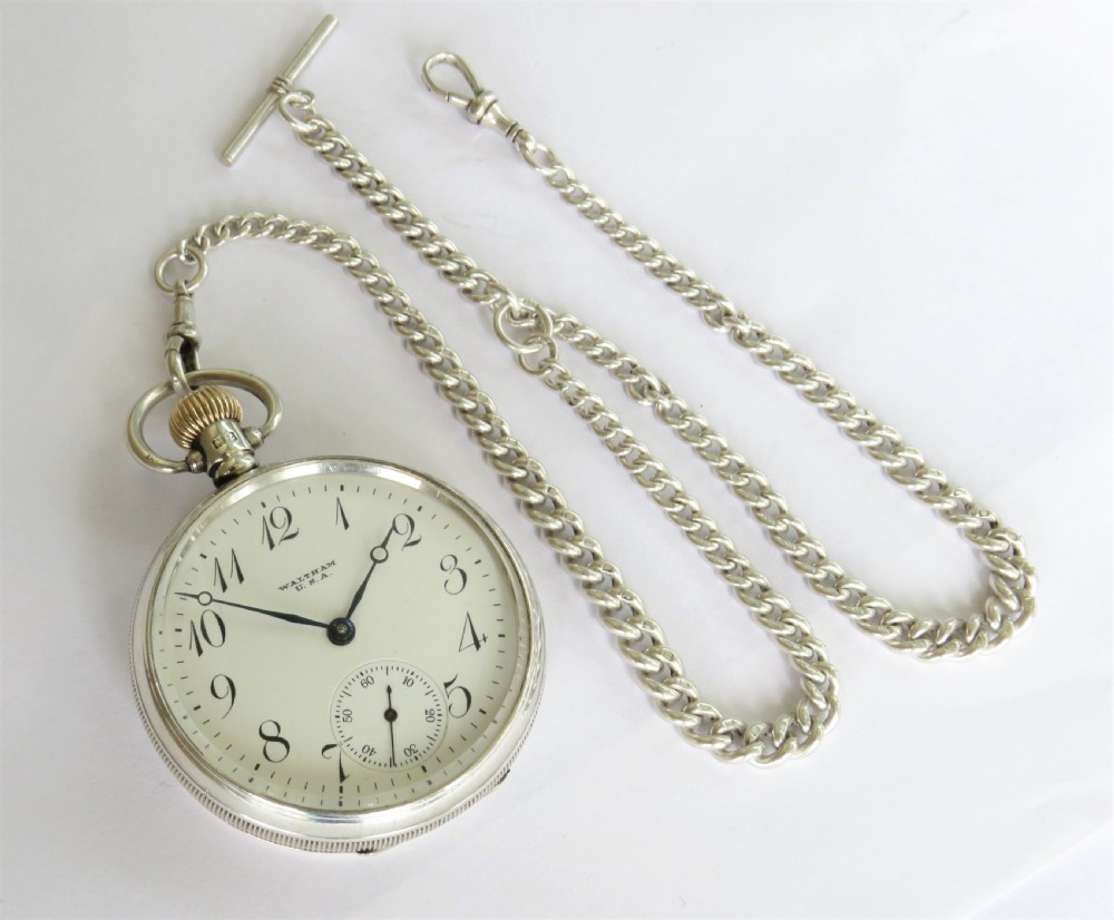 Antique silver Waltham pocket watch and chain View II