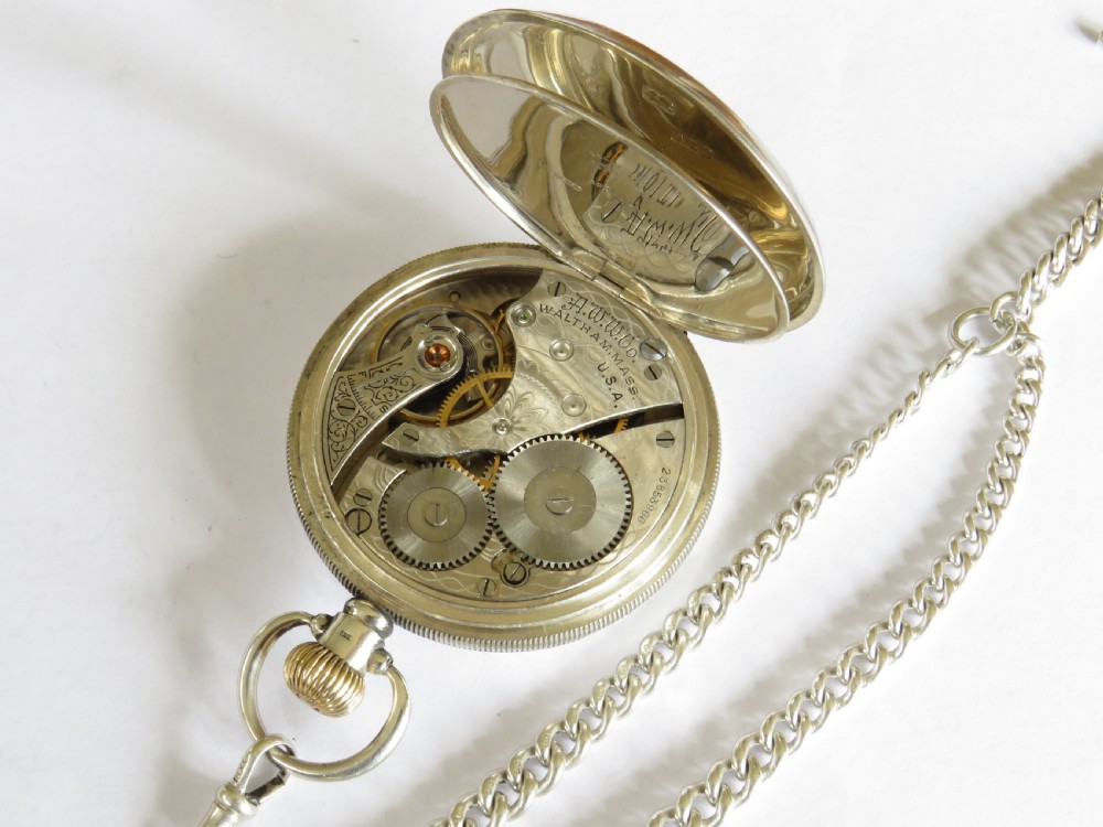Antique silver Waltham pocket watch and chain View III