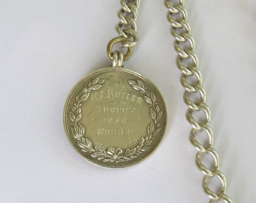 Antique silver watch chain and swimming fob View II