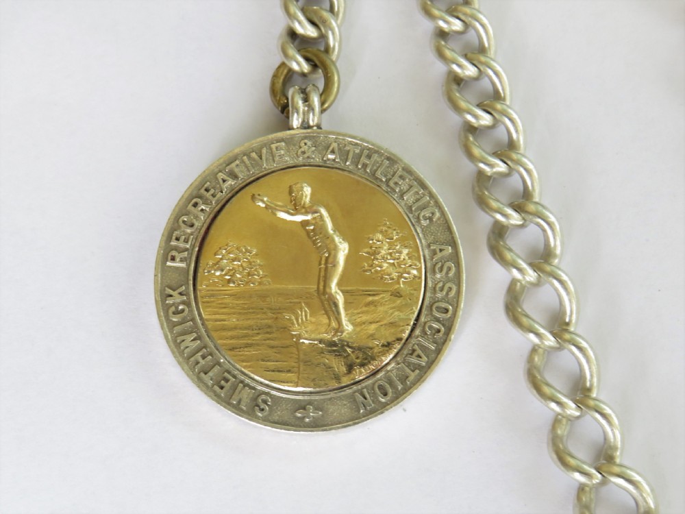 Antique silver watch chain and swimming fob View III