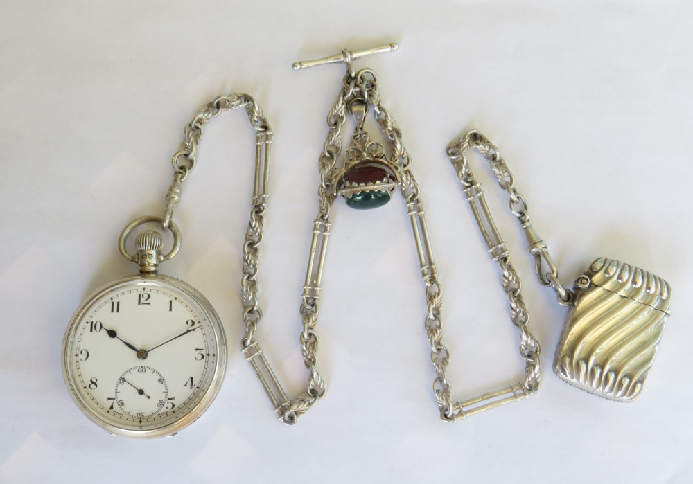 1929 silver pocket watch with chain and vesta case View II