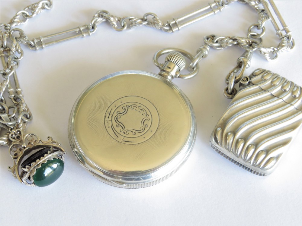 1929 silver pocket watch with chain and vesta case View IV