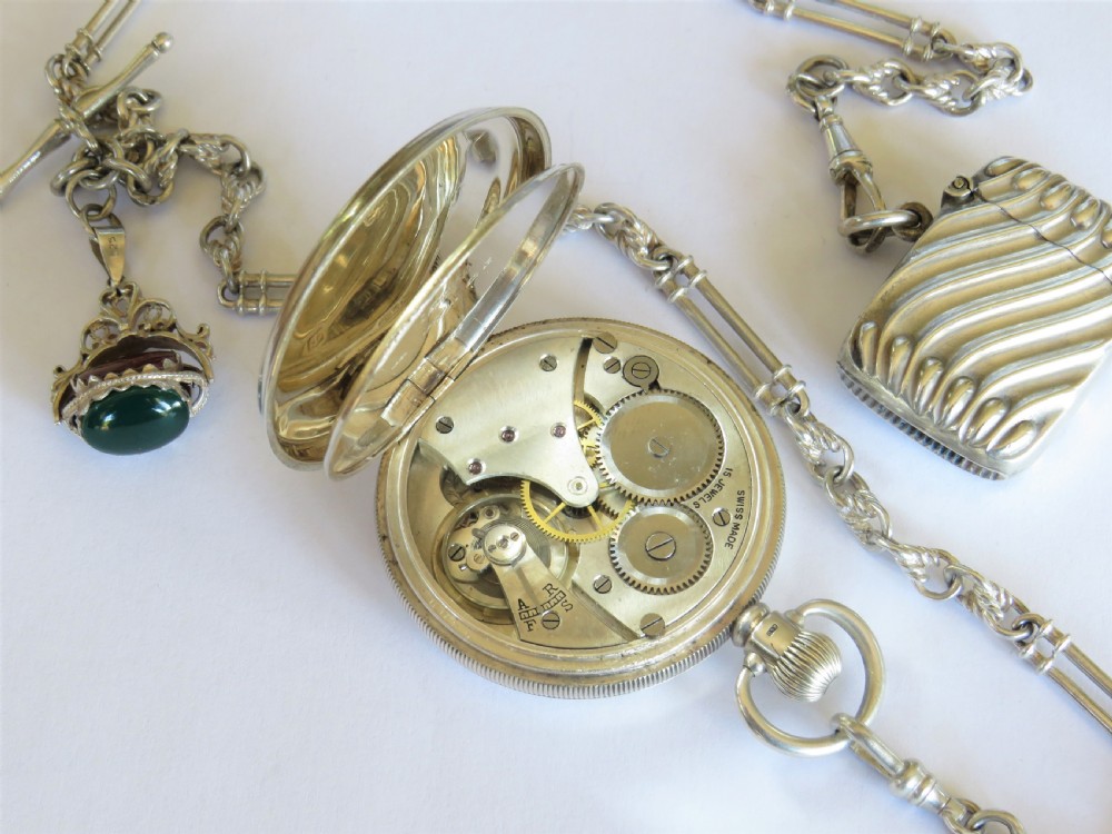 1929 silver pocket watch with chain and vesta case View V