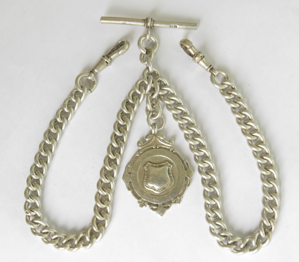 1920s silver double watch chain and fob