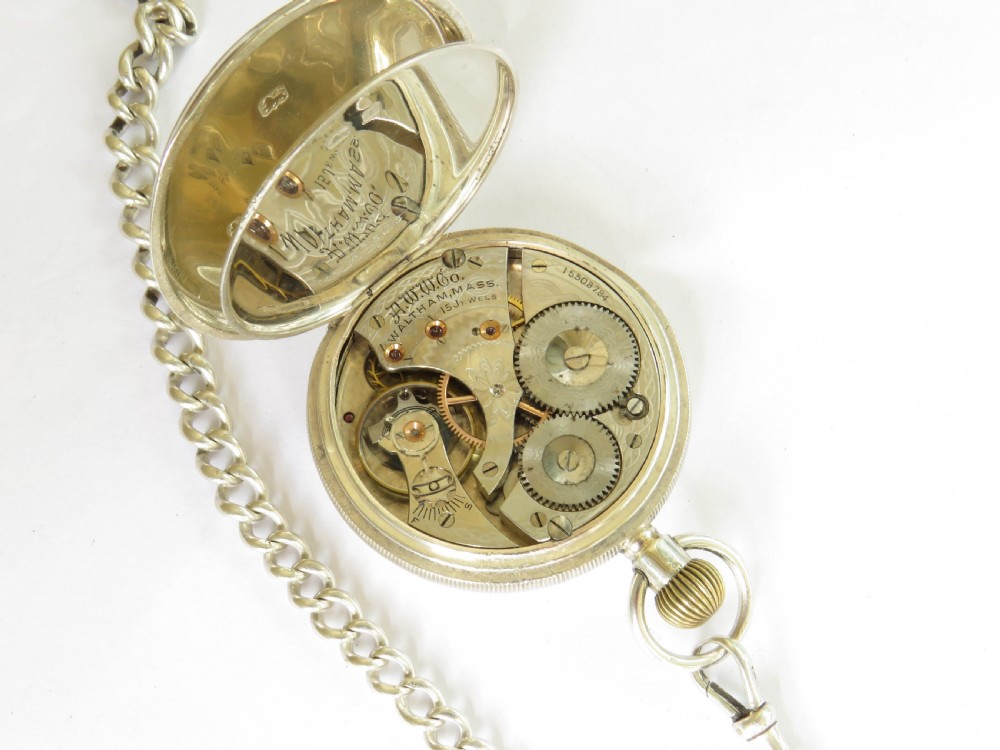 Antique silver Waltham pocket watch & chain View III
