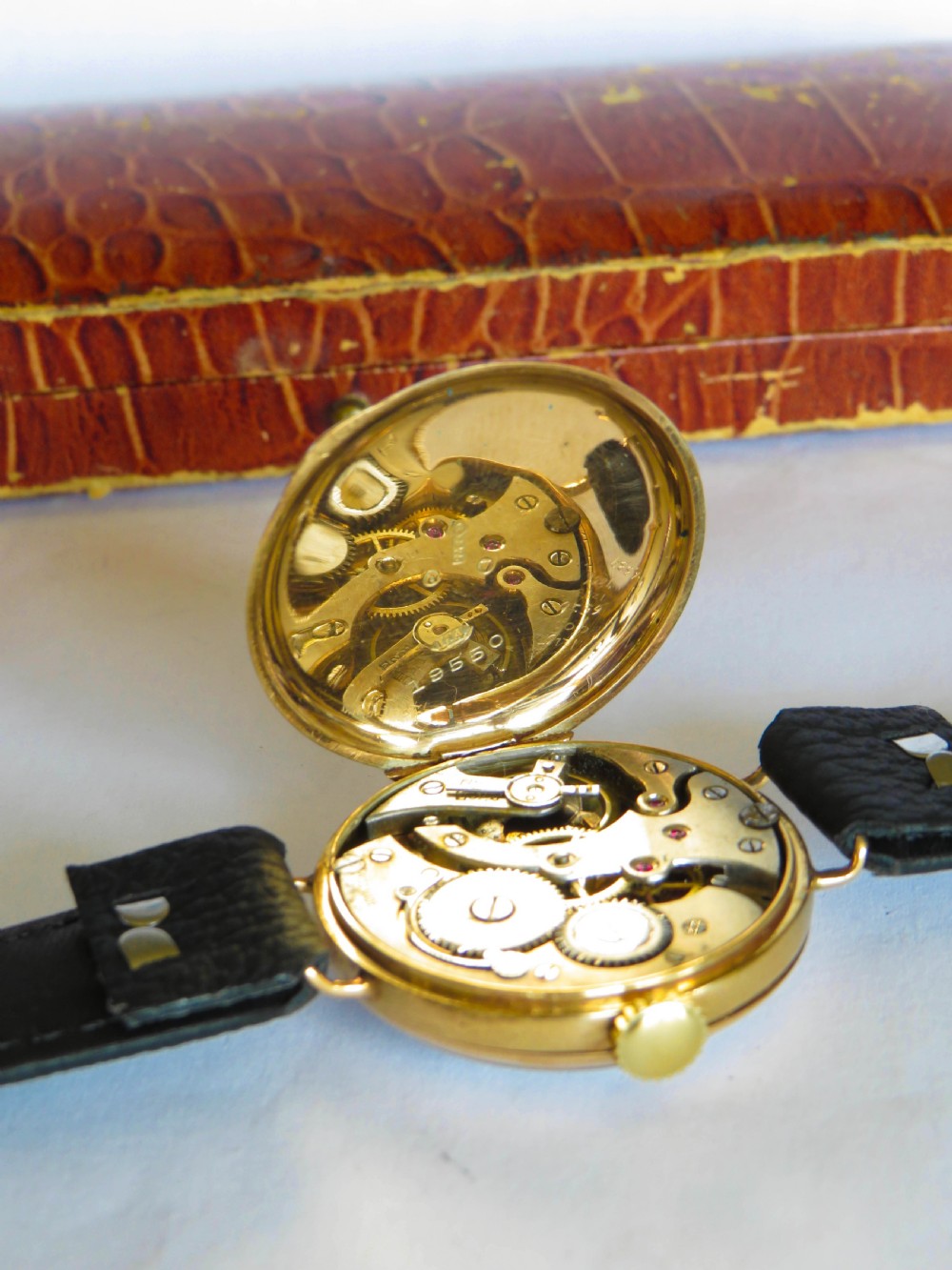 Antique 9ct gold trench watch, 1919 View V