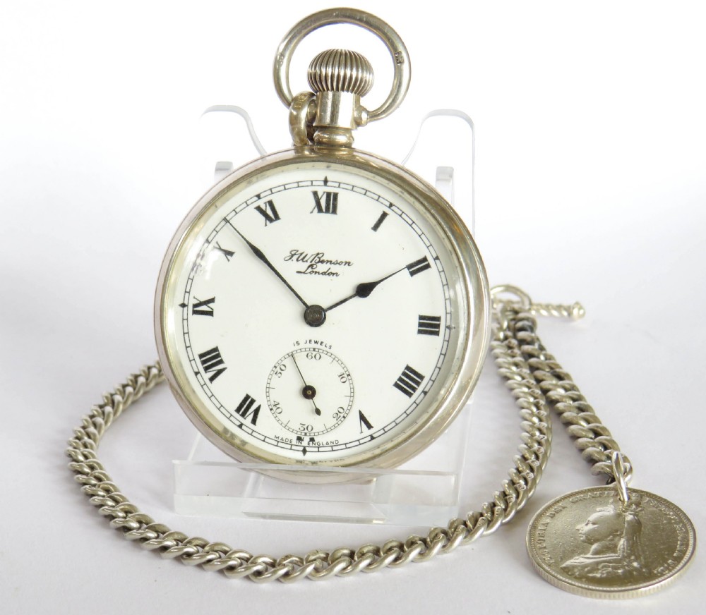 Silver Smiths pocket watch for J W Benson & chain