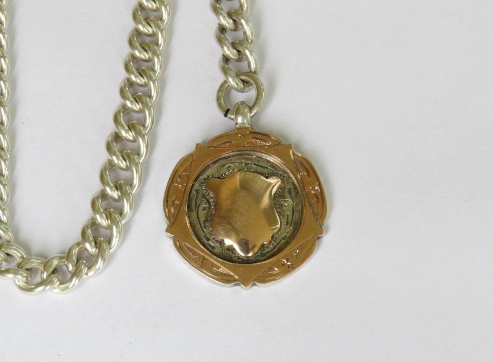 1909 silver pocket watch chain, 9ct gold & silver fob View II