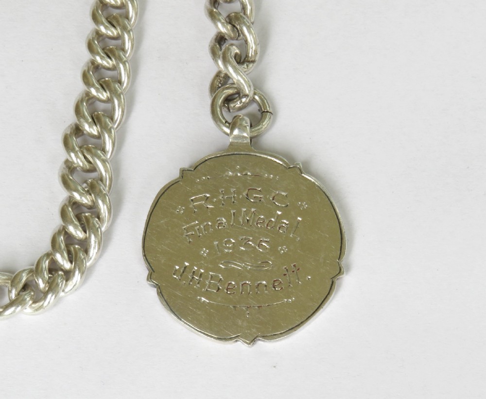 1909 silver pocket watch chain, 9ct gold & silver fob View III