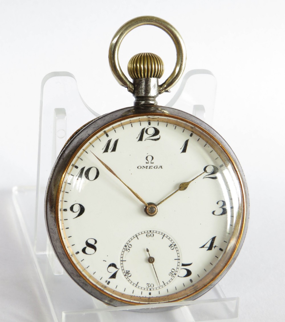 Antique Omega gun metal pocket watch View II