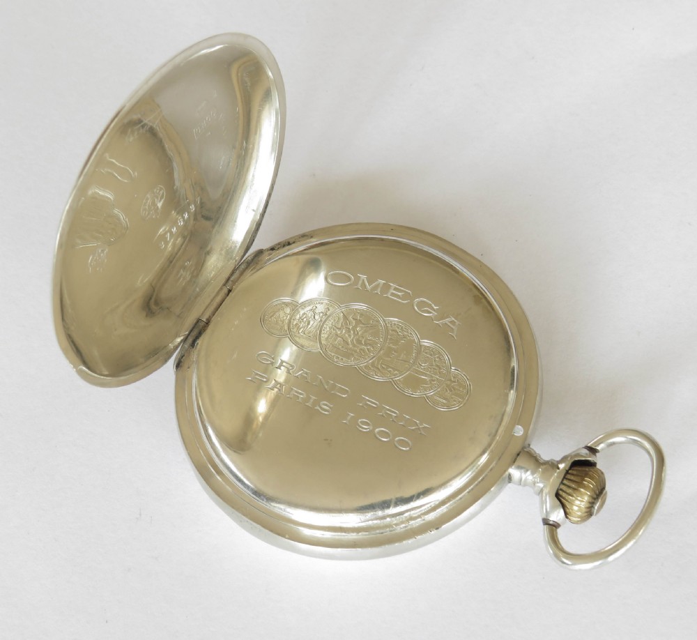 Antique silver Omega full hunter pocket watch, c1910 View V
