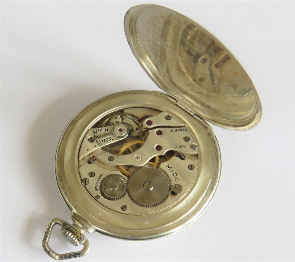 1930s Mido silver niello ware pocket watch View III