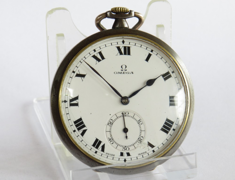 Antique Omega gun metal pocket watch View II