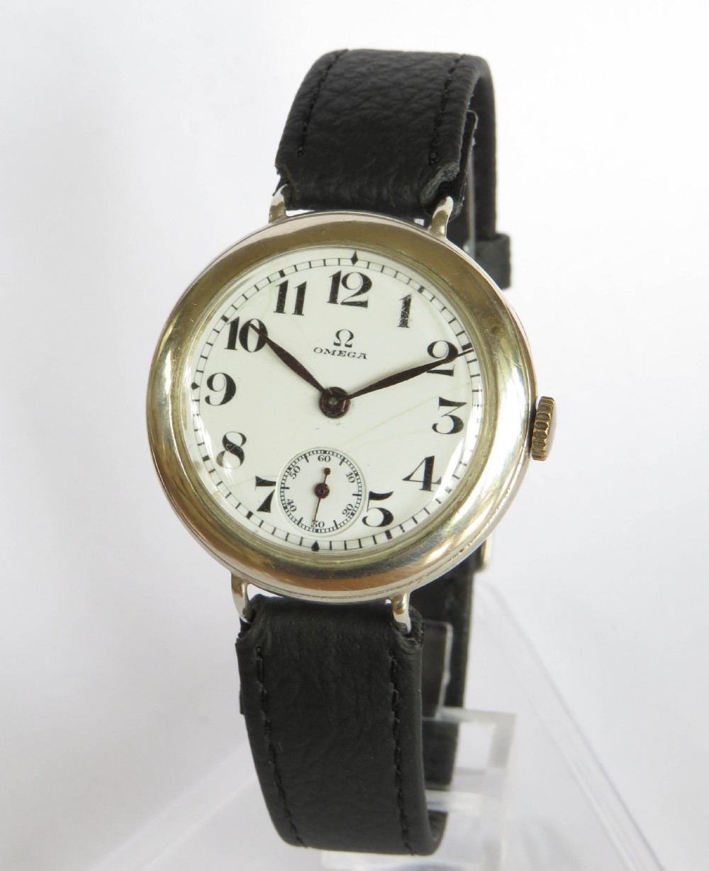 Gents antique silver Omega trench watch, c1914