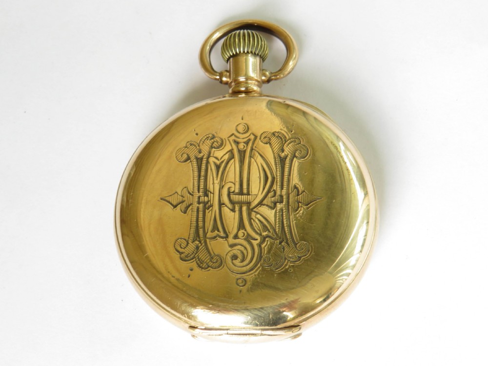 An antique Minerva half hunter pocket watch. View II
