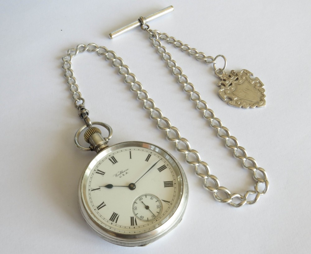 Antique silver Waltham Bond Street pocket watch and chain View II