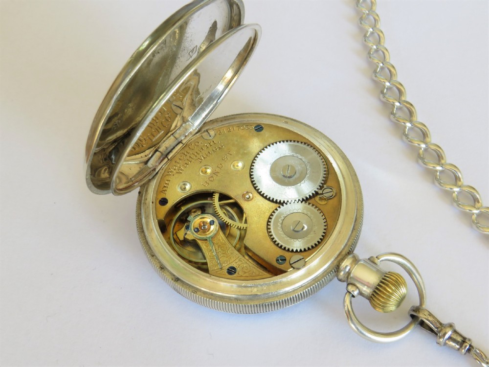 Antique silver Waltham Bond Street pocket watch and chain View III