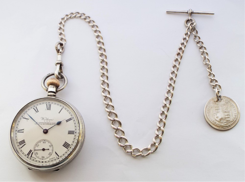 Antique silver Waltham pocket watch and chain. View III