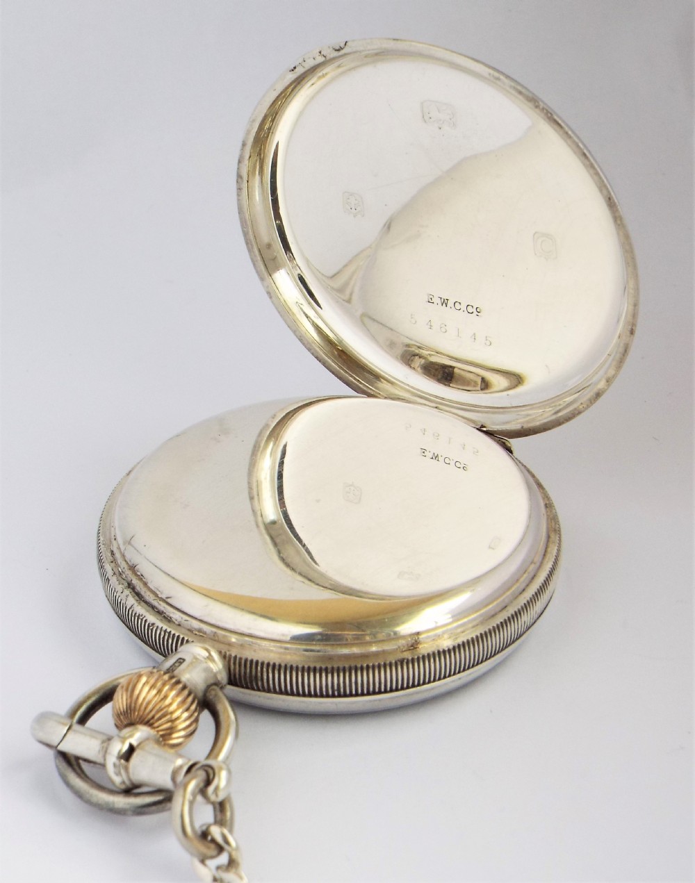 Antique silver Waltham pocket watch and chain. View IV