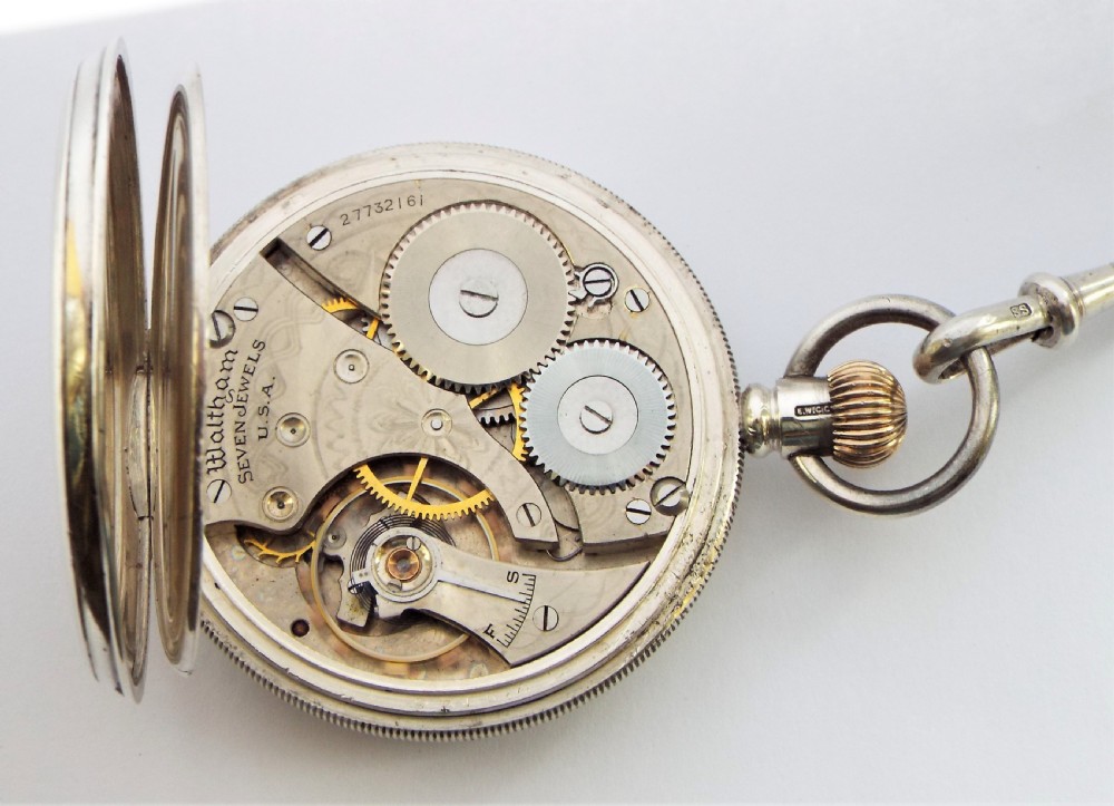 Antique silver Waltham pocket watch and chain. View VI