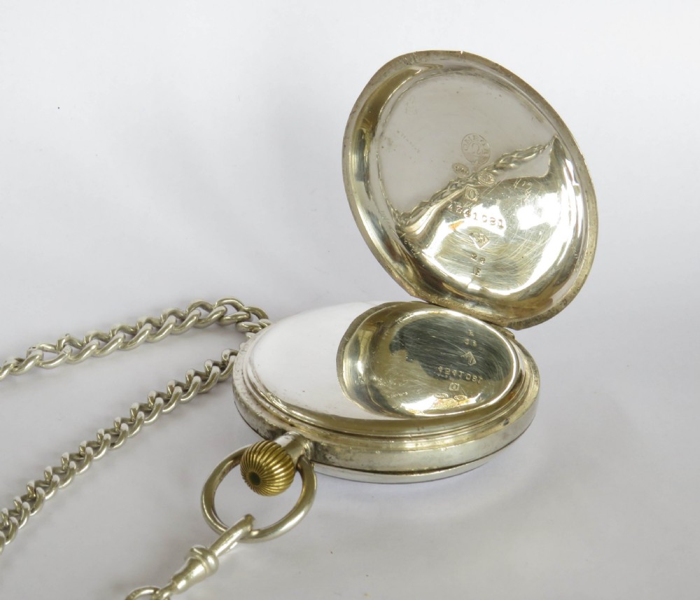 Antique 1909 silver Omega pocket watch and chain View III