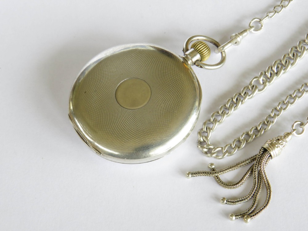 Antique 1909 silver Omega pocket watch and chain View IV
