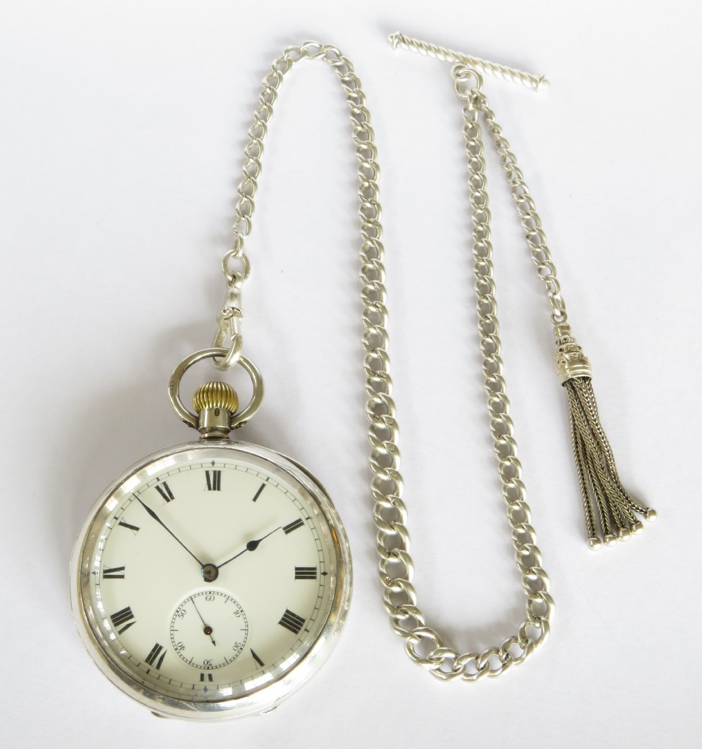 Antique 1909 silver Omega pocket watch and chain View V