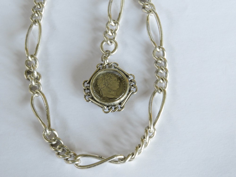 Antique silver watch chain and George III coin View II