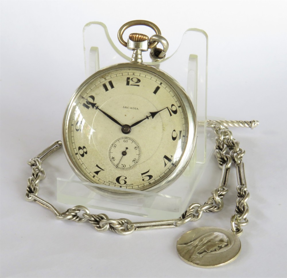 1924 silver Arcadia pocket watch and chain