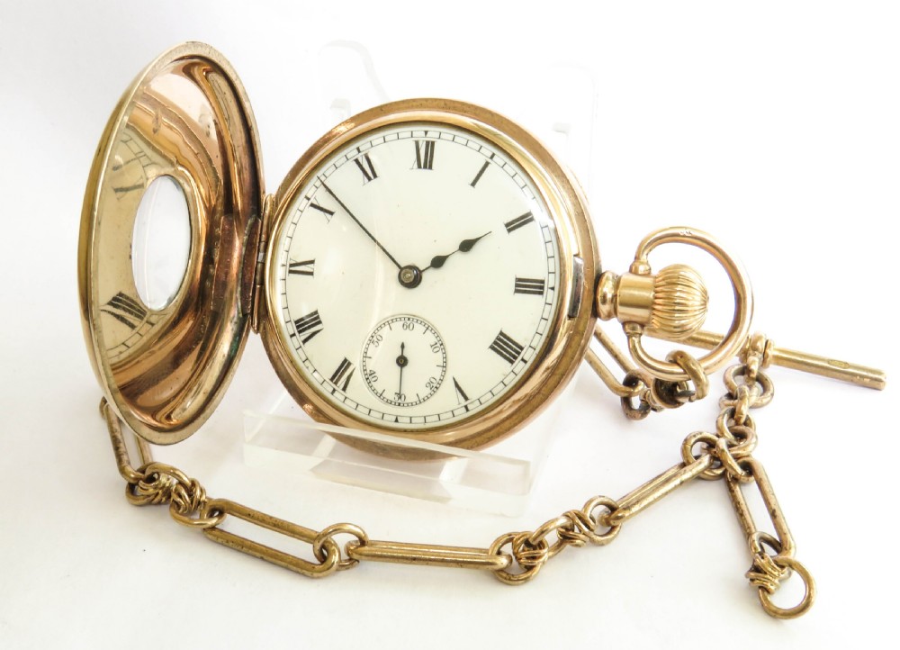 Antique Waltham Traveler half hunter pocket watch and chain View II